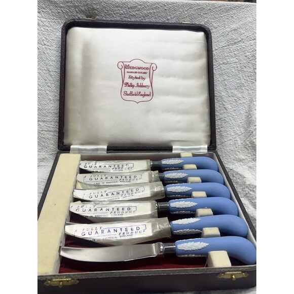 Set of 6 Cased Wedgwood Light Blue Jasperware Dinner/ Steak Knife - Picture 1 of 8